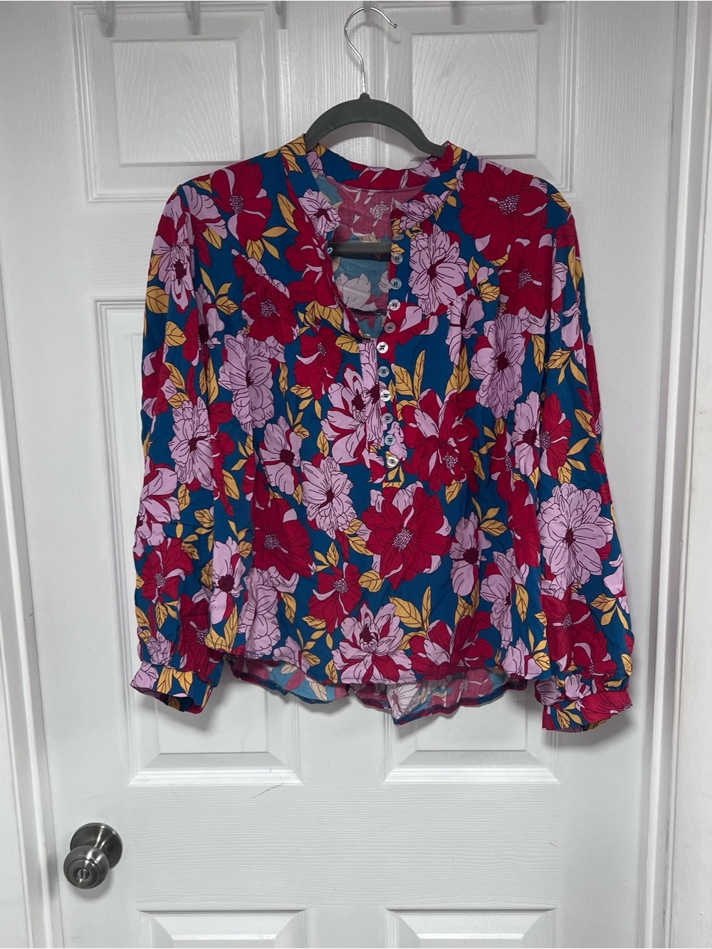 Vibrant Floral Henley Blouse in Teal, Fuchsia & Pink Size XL